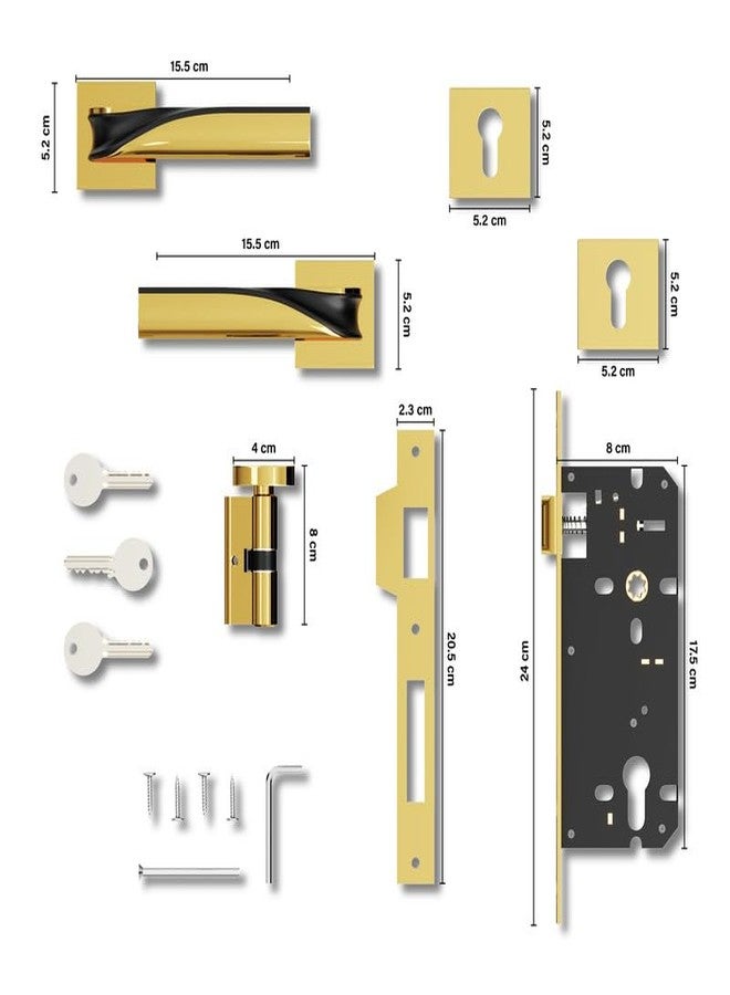 GRIVAN Elegance Brass Mortise Lock for Door, Bedroom, Balcony, Store Room Handle Set for Main & Internal Doors Durable Lock Body & 3 Keys Included (Gold, Black Finish) | 2 Years Warranty - Image 5